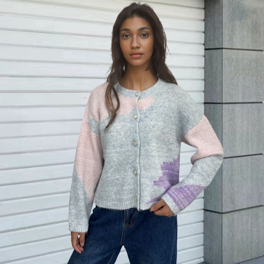 Ladies Chunky Knit Cardigan with Modern Color Block Elements Lune London