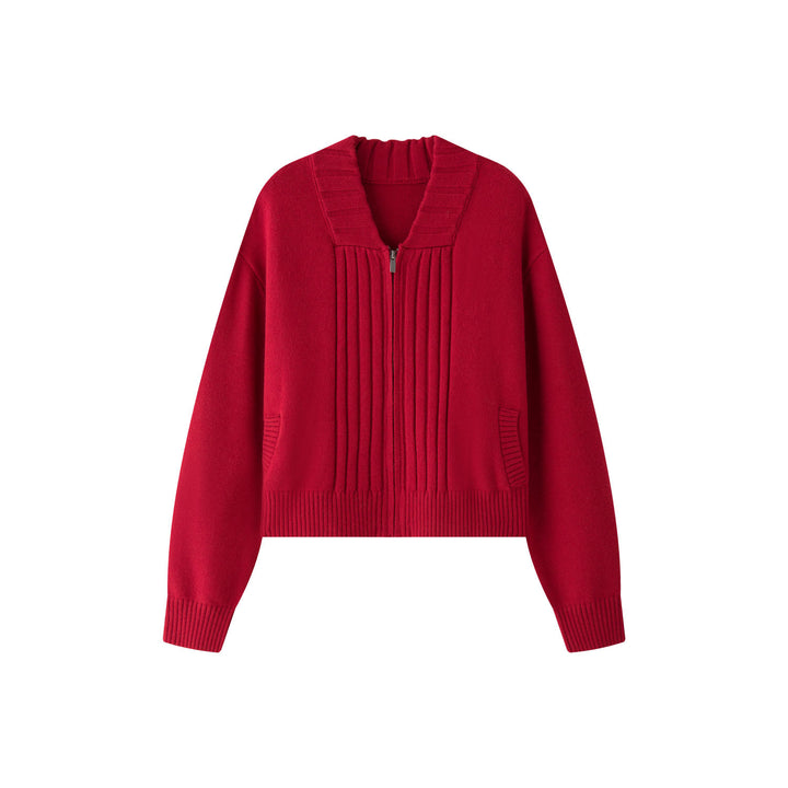 Women's short-cut zipper knit cardigan with vertical rib pattern and patch pockets Amarae