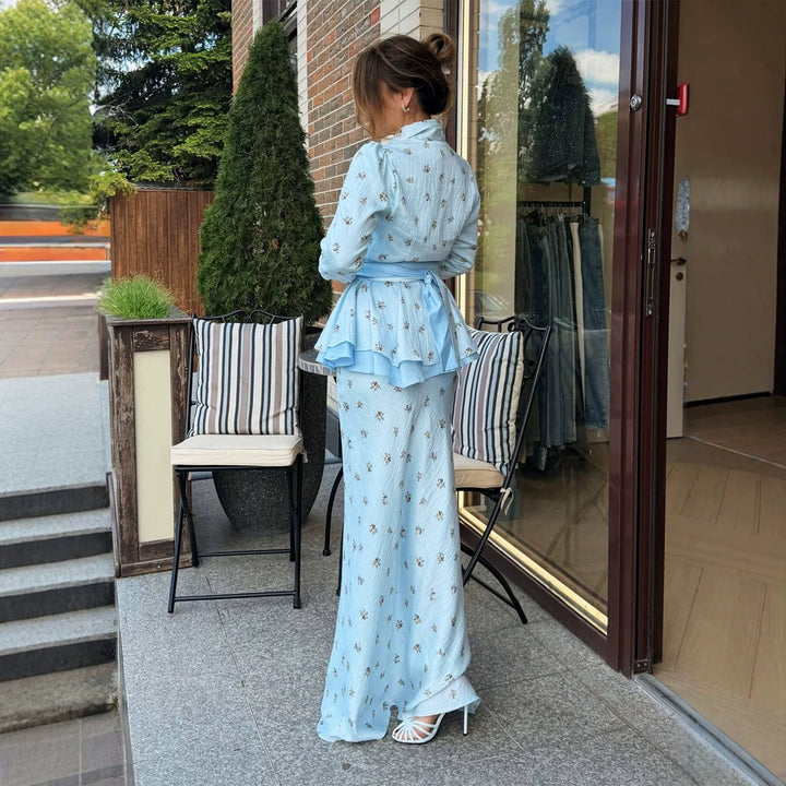 Women's Two-Piece Wrap Set with Peplum Jacket and Figure-Hugging Maxi Skirt Amarae