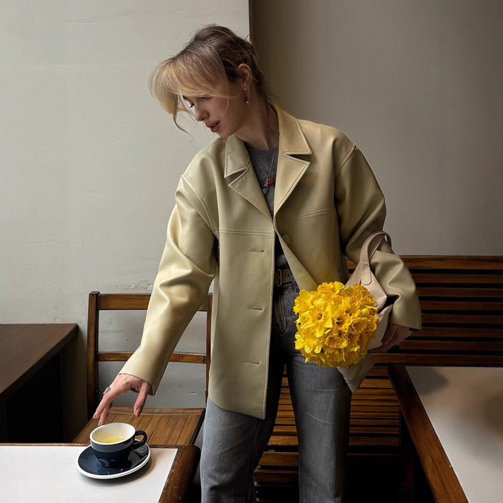 Women Boxy Oversized Blazer Jacket made of vegan leather imitation with dropped shoulder Amarae