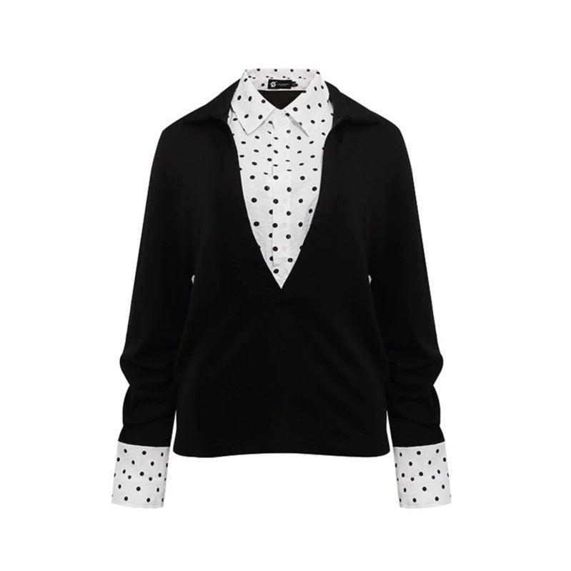 Women Layered Long Sleeve Shirt with Deep V-Neck, Attached Placket and Polka Dot Details Amarae