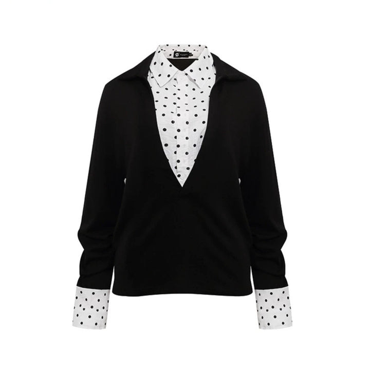 Women Layered Long Sleeve Shirt with Deep V-Neck, Attached Placket and Polka Dot Details Amarae