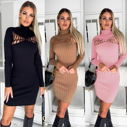 Amarae women's ribbed knit high neck bodycon dress with cut-out details