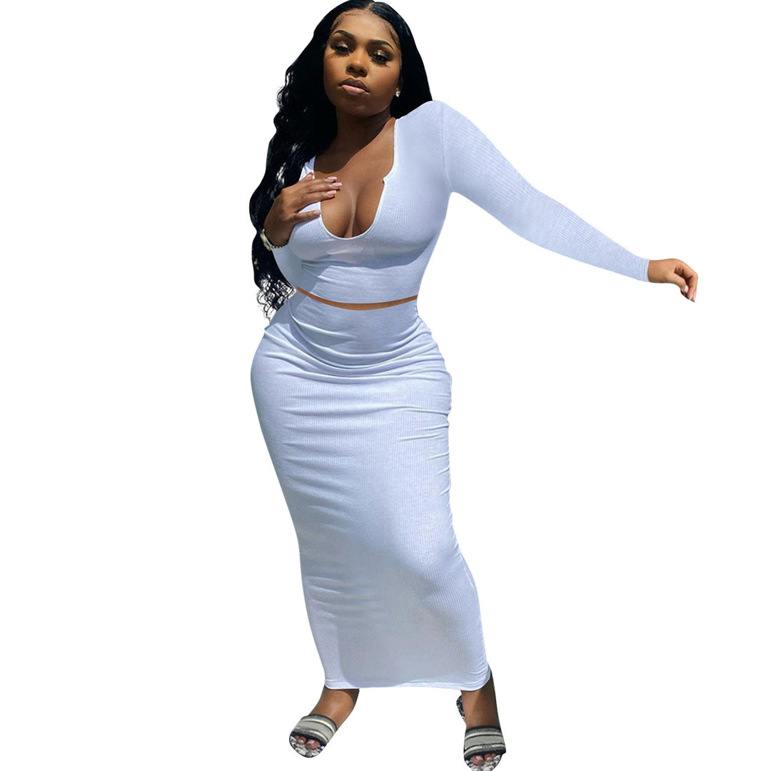 Fitted maxi dress for women with long sleeves and deep V neckline Lune London