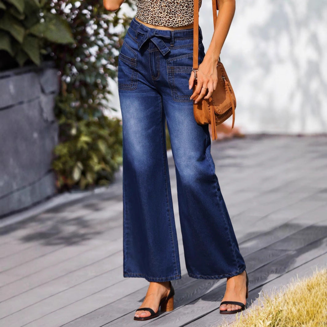 Women High-waisted wide jeans with bow waistband and patch pockets Amarae