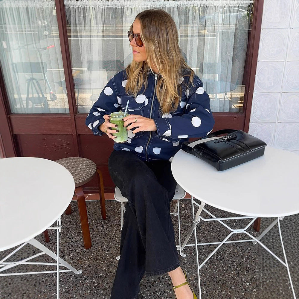 Women's wide cargo pants with high waist, polka dot print and visible contrast stitching Amarae