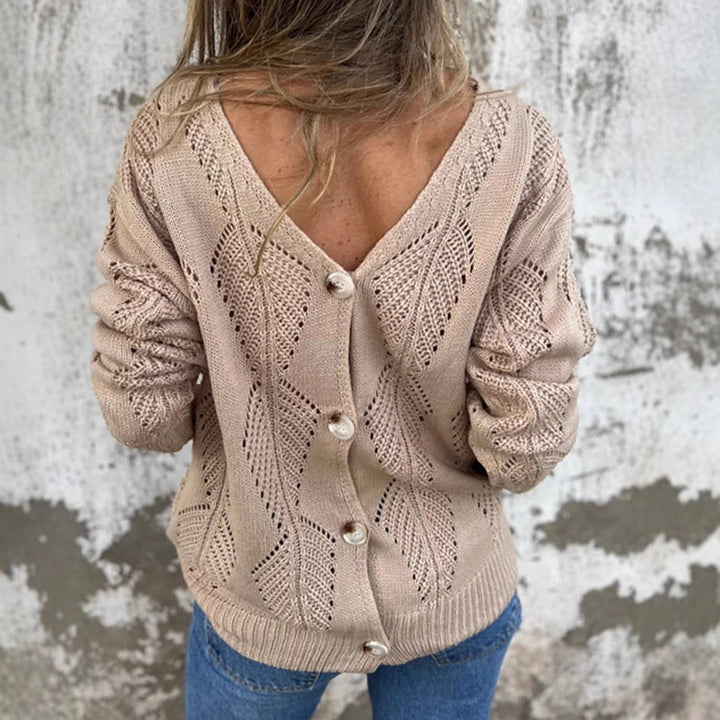 Knitted jacket for women with V-neck and decorative buttons Lune London