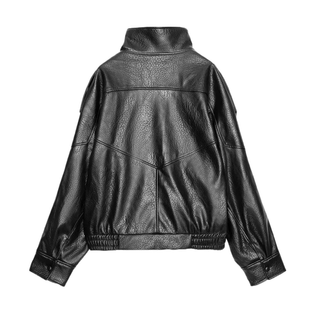 Women's faux leather crossover jacket in bomber style with high stand-up collar Amarae