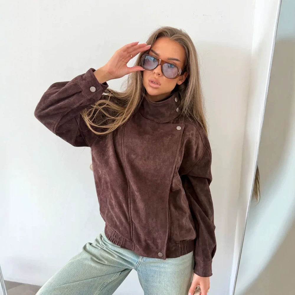 Women Oversize Suede-Look Biker Jacket with High Standing Collar Amarae