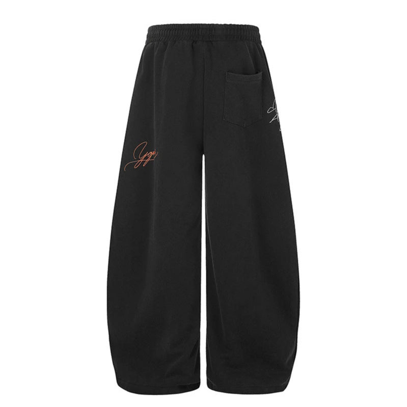 Women's Extra Wide Palazzo Sweatpants with Drawstring Waist, Embroidery Details, and Adjustable Hem