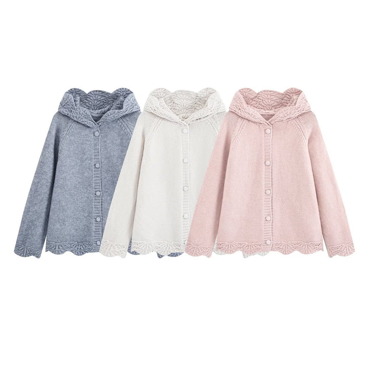 Women's fine knit cardigan with hood, button placket and crocheted trim Amarae