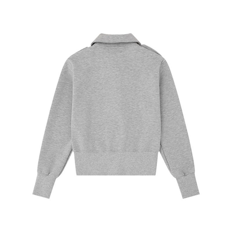 Women's Short Cut Sweat Jacket with Shirt Collar Epaulettes and Leather Patch Amarae