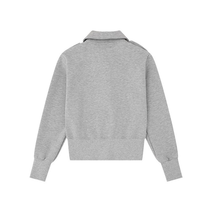 Women's Short Cut Sweat Jacket with Shirt Collar Epaulettes and Leather Patch Amarae