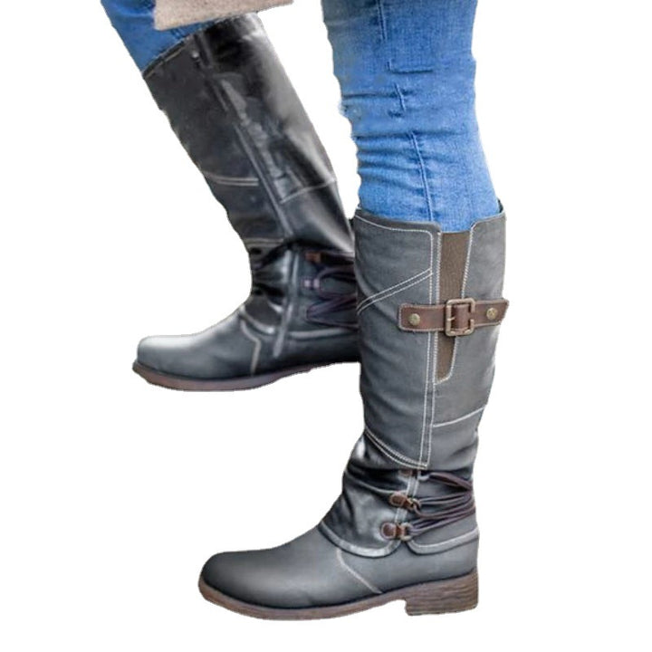 High leather boots for women with decorative buckles and elastic straps Lune London