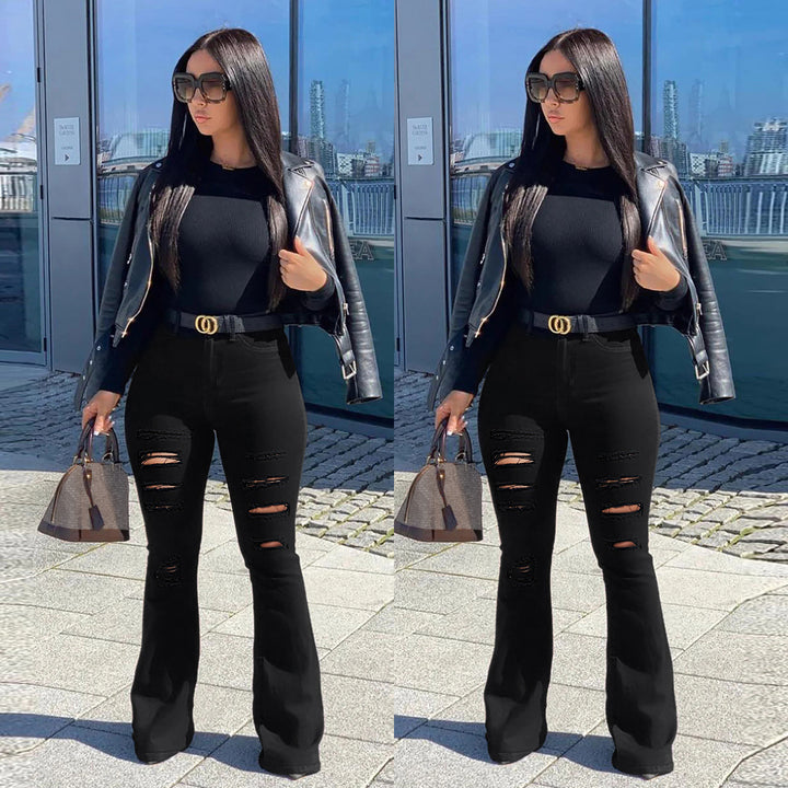 Women's High-Waist Flared Pants in Stretch Denim with Multiple Destroyed Effect Amarae