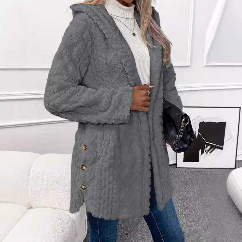 Women Plush Hooded Jacket with Decorative Button Details Amarae