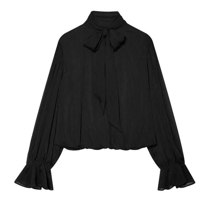 Women's chiffon blouse with tie, standing collar, and gathered balloon sleeves Amarae