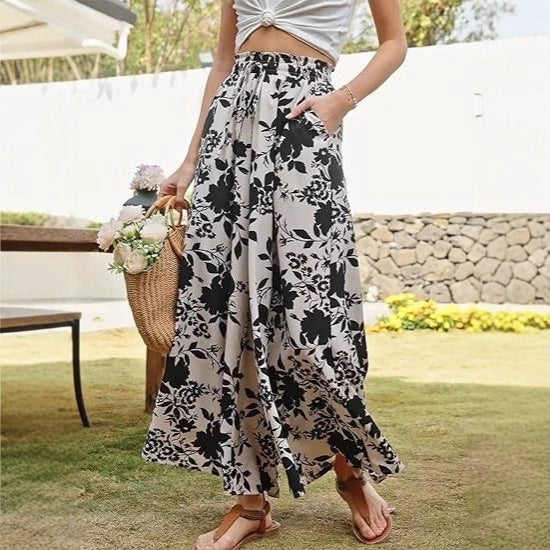 Lune London Women's Wide Leg Beach Pants with Floral Pattern