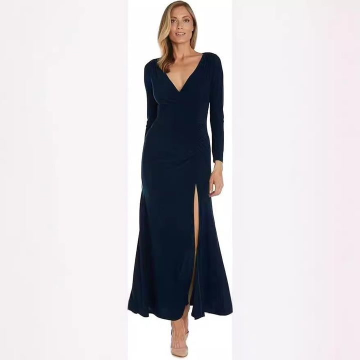 Elegant maxi dress for women with deep V-neckline and side slit Lune London