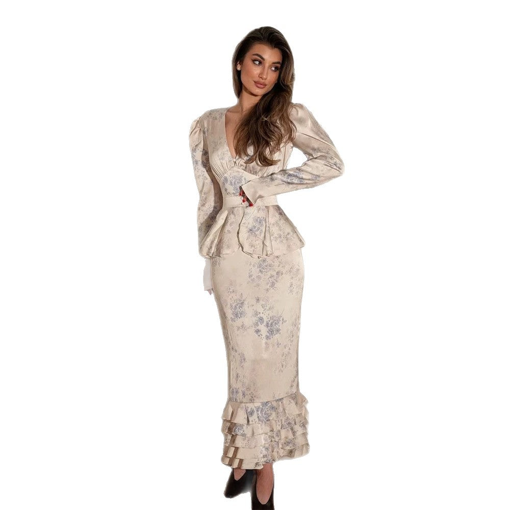 Women Fitted Midi Dress with Deep V-Neck, Peplum Waistband and Layered Ruffle Hem Amarae