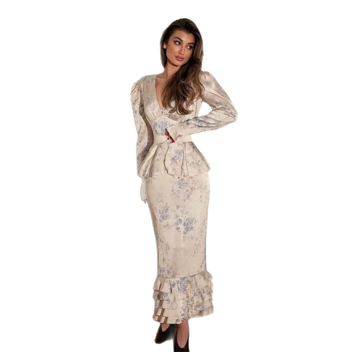 Women Fitted Midi Dress with Deep V-Neck, Peplum Waistband and Layered Ruffle Hem Amarae