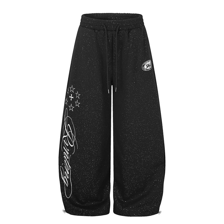 Women's Extra Wide Palazzo Sweatpants in Glitter Nep with Elastic Waistband, Drawstring and Star Script Print Amarae
