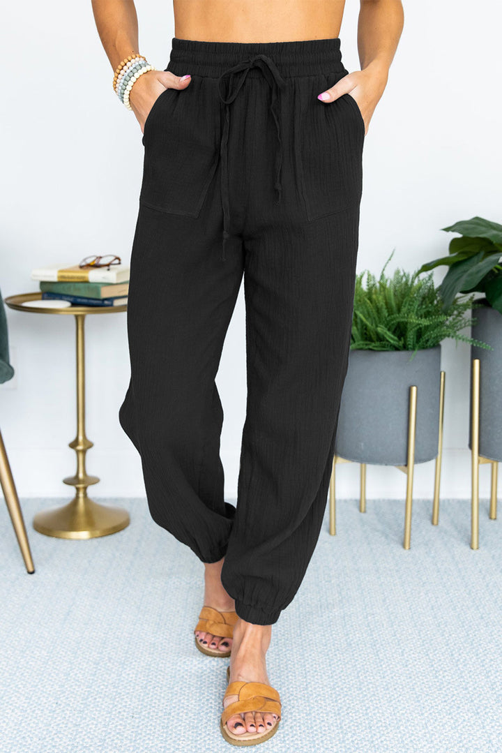 Women's Lightweight Linen Jogger Pants with Drawstring, Patch Pockets, and Elastic Cuffs Amarae