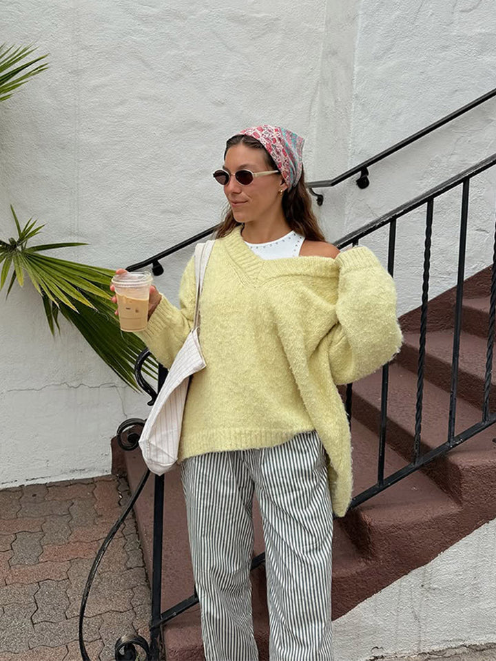 Women's Oversized Plush Sweater with Deep V-Neck and Voluminous Sleeves Amarae