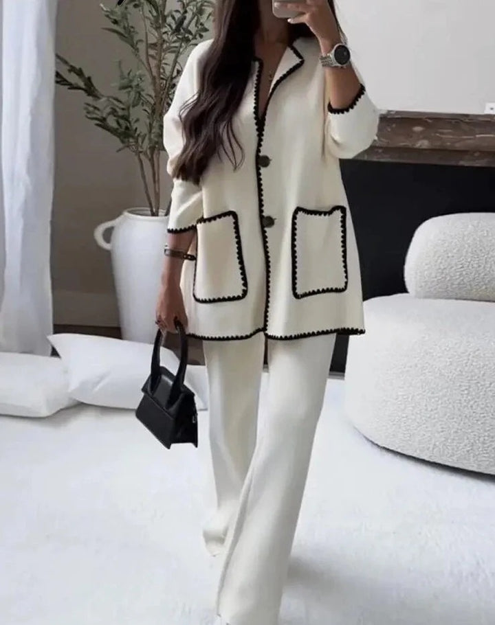 Elegant blazer jacket for women with contrasting details and loose pants Lune London