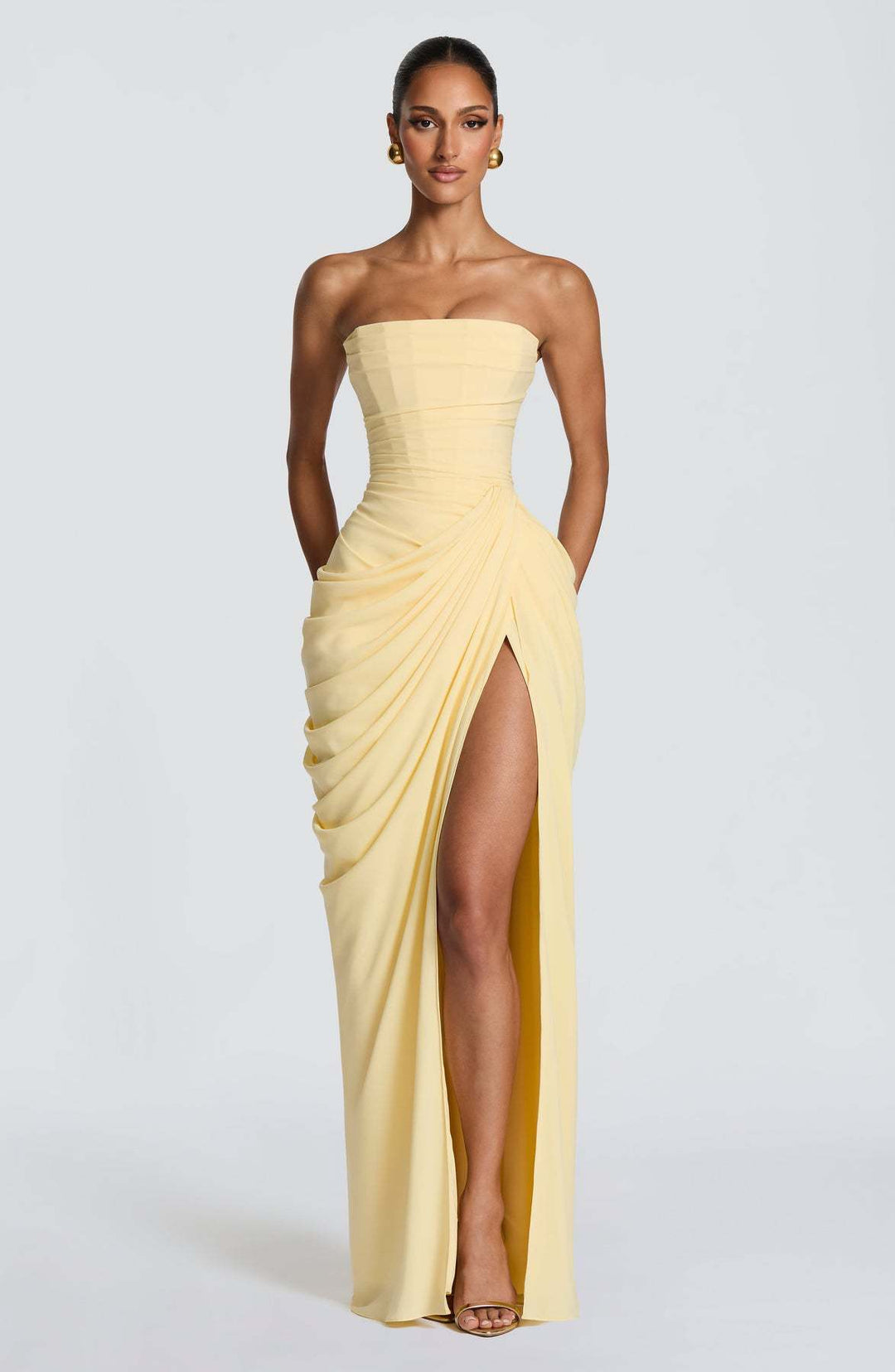 Ladies Elegant Long Sleeve Evening Dress with Asymmetric Draping and Narrow Slit Lune London