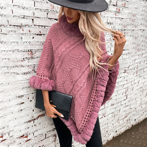 Ladies cozy knit poncho with plush velvet trim Amarae