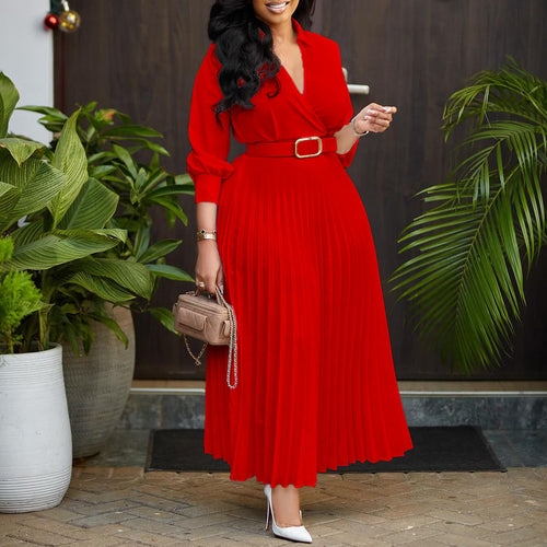 Pleated wrap dress for women with belt and pretty collar Amarae