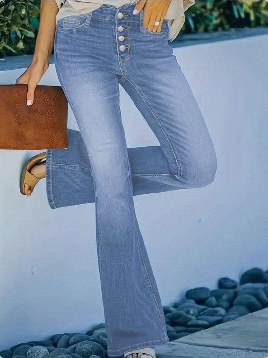 Ladies high-waisted flare jeans with decorative button placket and sculpting fit Amarae