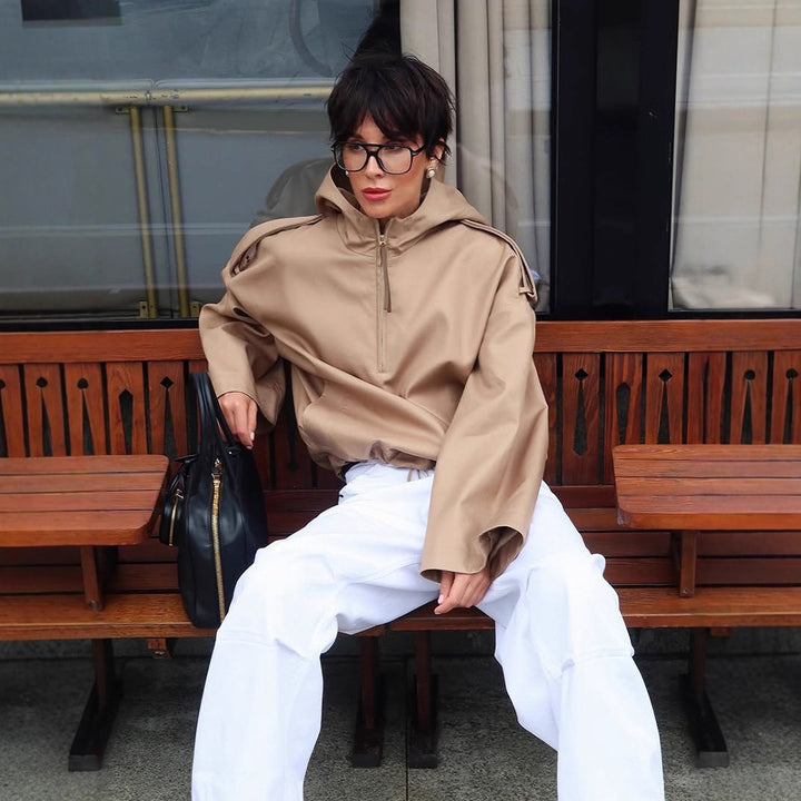 Women's Oversize Hoodie Jacket with Half Zipper and Shoulder Yoke Amarae