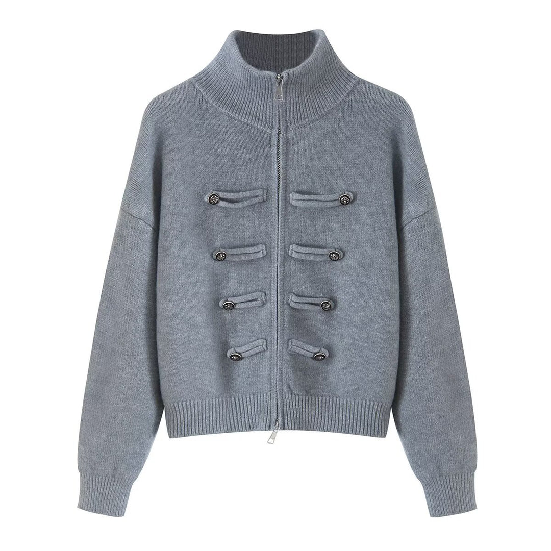 Ladies cardigan with stand-up collar, zipper and decorative knot trims Amarae