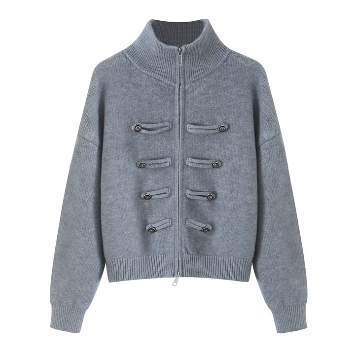 Ladies cardigan with stand-up collar, zipper and decorative knot trims Amarae