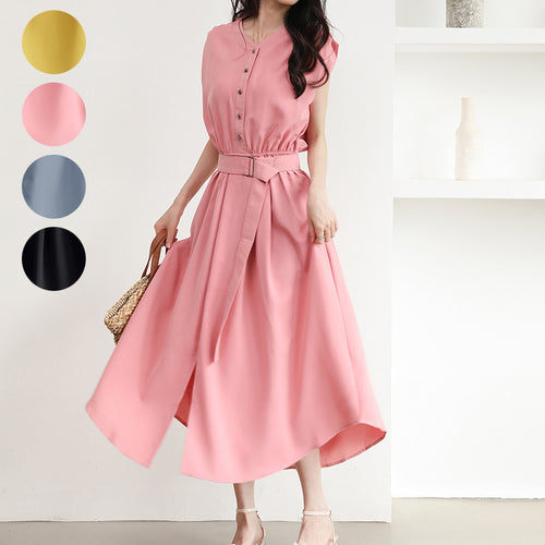 Midi dress for women with button placket and belt at the waist Amarae