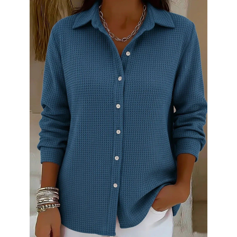 Women's Structured Shirt Blouse in Waffle Knit with Classic Collar and Continuous Button Placket Amarae