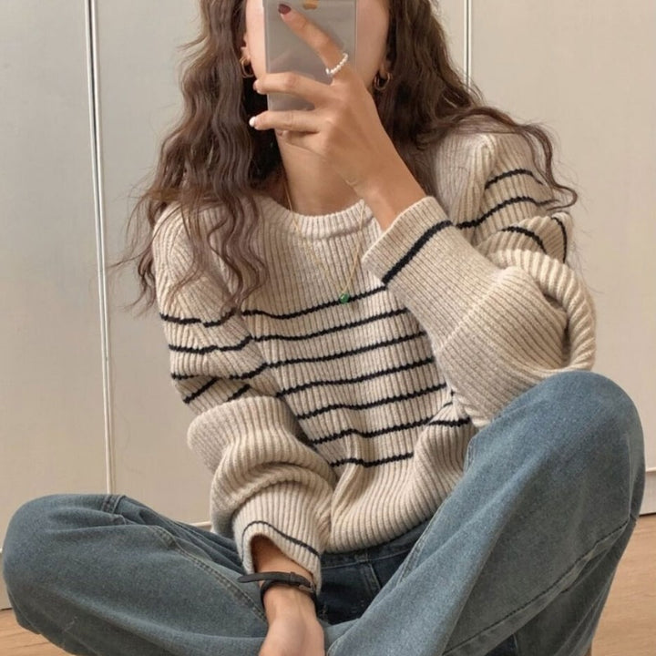 Pull en tricot épais pour femme avec design rayé et coupe décontractée Chic & Stil