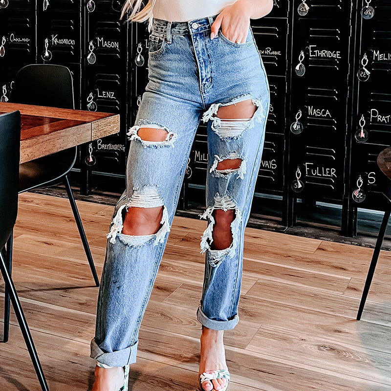 Chic & Stil women's high-waisted ripped boyfriend jeans