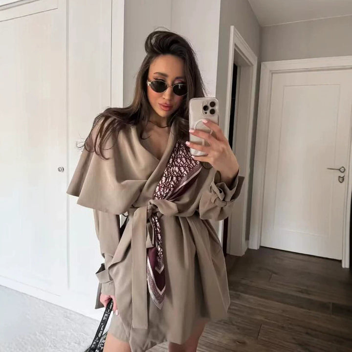 Women's Short Asymmetrical Wrap Coat with Ruffle Overlay and Tie Belt Amarae