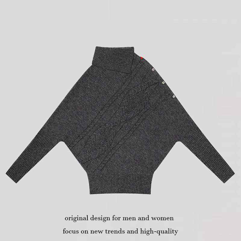 Women's oversized sweater with roll neck, asymmetric shoulder button placket and cable knit details Amarae