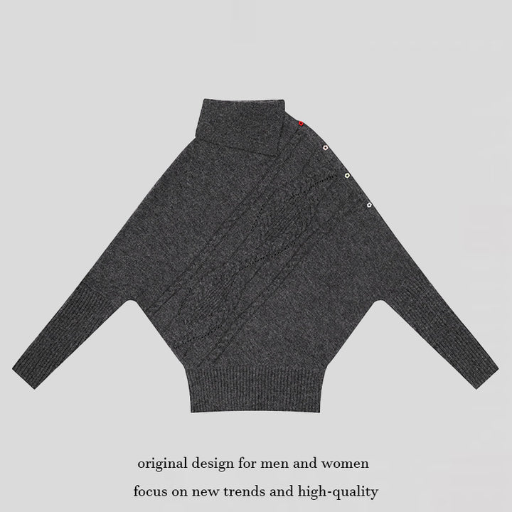 Women's oversized sweater with roll neck, asymmetric shoulder button placket and cable knit details Amarae