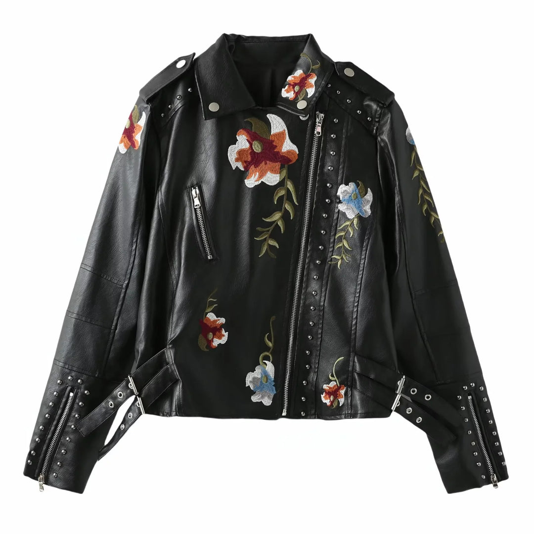 Biker jacket in faux leather for women with embroidered floral design and stud embellishments Lune London
