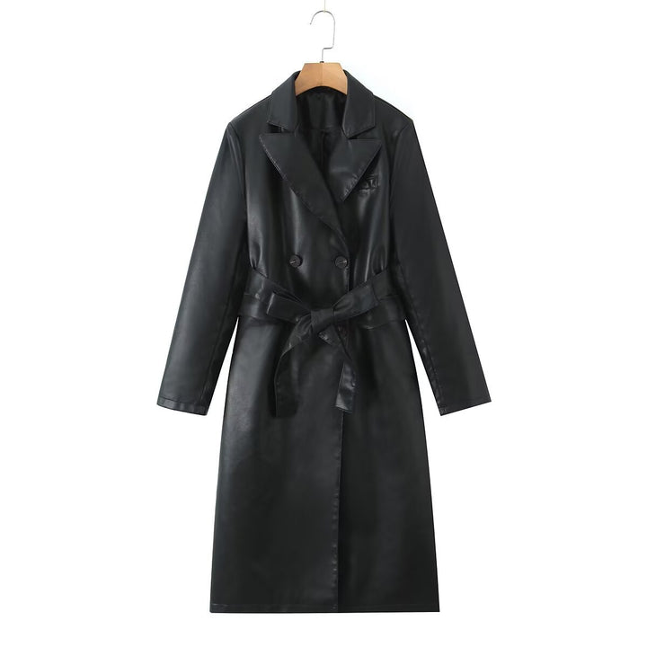Synthetic leather trench coat for women with a waist belt and stylish pocket seams Lune London