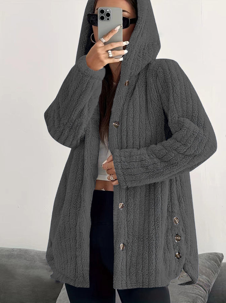 Ladies Cozy Hooded Jacket with Chic and Stylish Button Details