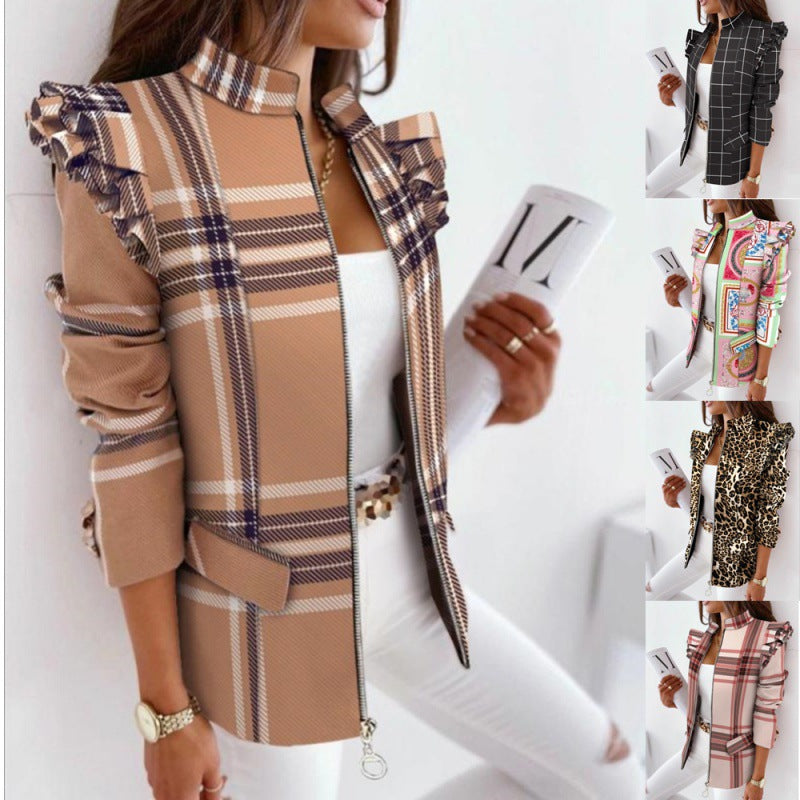 Women's leopard print statement jacket with ruffle shoulder and zipper Amarae