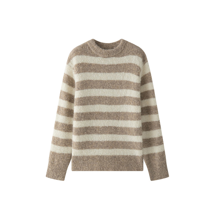 Women's Fluffy Boucle Striped Sweater with Round Neck and Relaxed Fit
