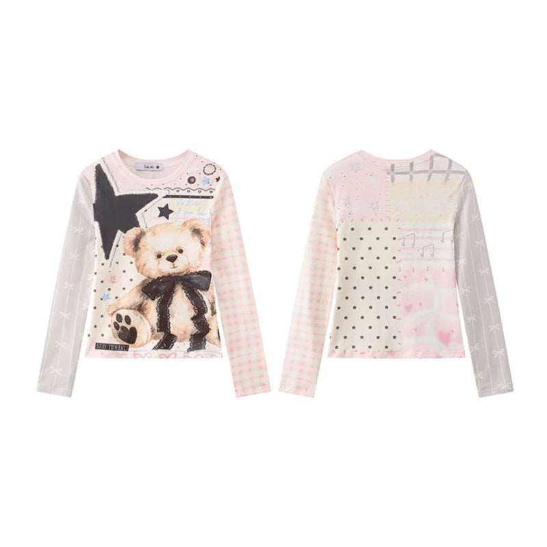 Women's long-sleeve shirt with playful teddy bear print, mixed pattern and lace trim