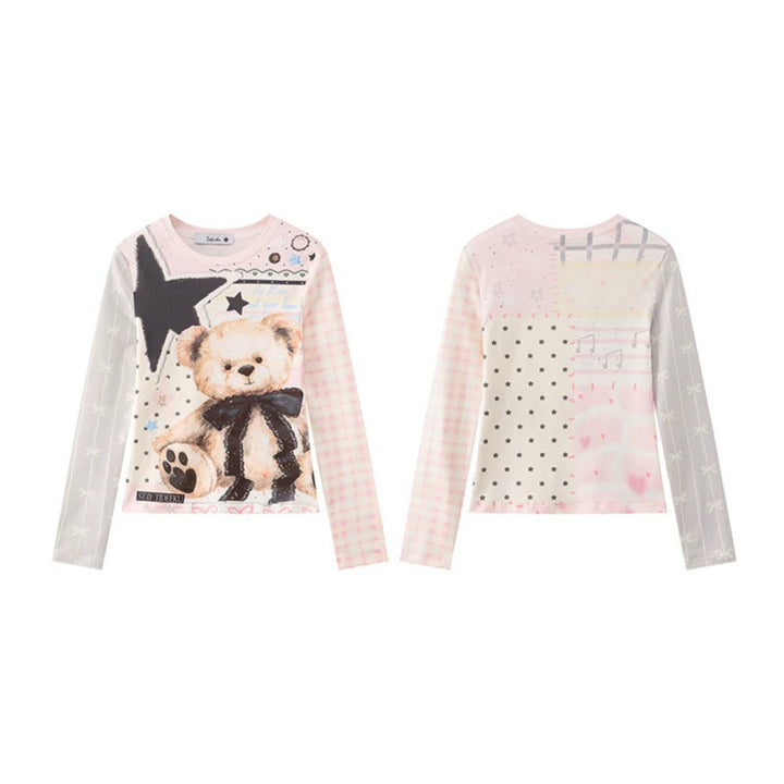 Women's long-sleeve shirt with playful teddy bear print, mixed pattern and lace trim